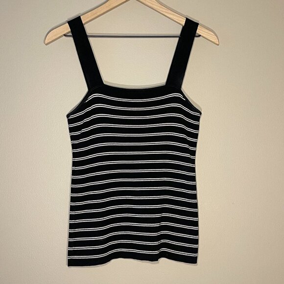 Women's S WHBM Black White Knit Striped Tank Square Neckline Thick Straps - Picture 2 of 6